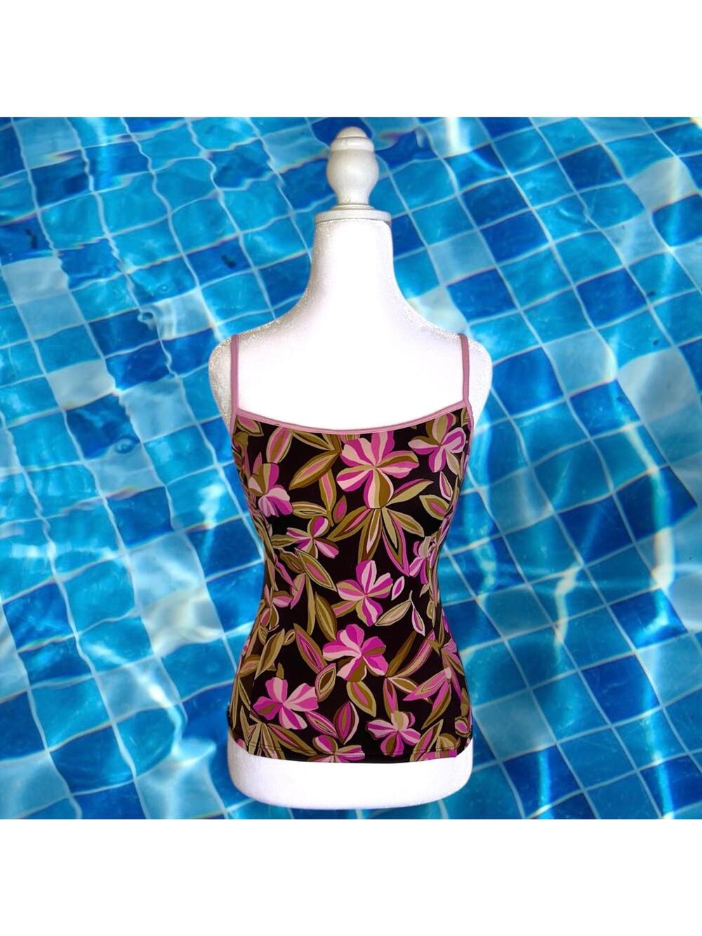brown and baby pink + olive floral swim tankini top